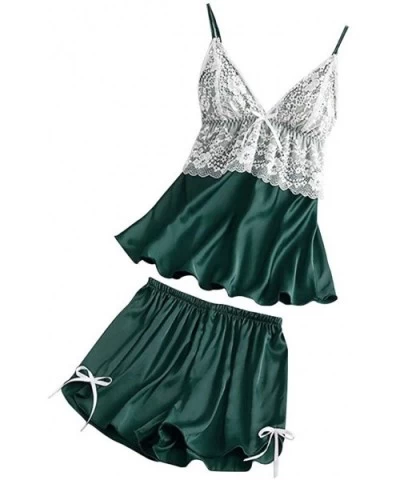 Sexy Lingerie for Women Plus Size Satin Lace V-Neck Camisole Bowknot Shorts Set Sleepwear Pajamas Lingerie - Green - CC195AQD...