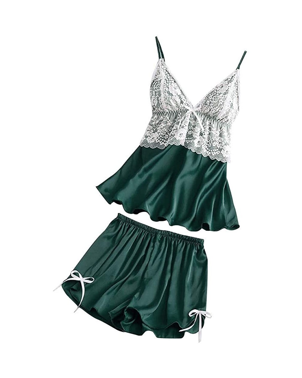 Sexy Lingerie for Women Plus Size Satin Lace V-Neck Camisole Bowknot Shorts Set Sleepwear Pajamas Lingerie - Green - CC195AQD...