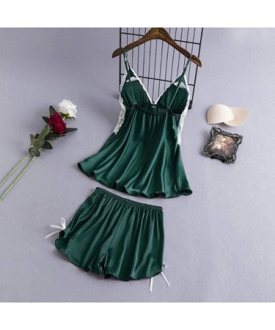 Sexy Lingerie for Women Plus Size Satin Lace V-Neck Camisole Bowknot Shorts Set Sleepwear Pajamas Lingerie - Green - CC195AQD...