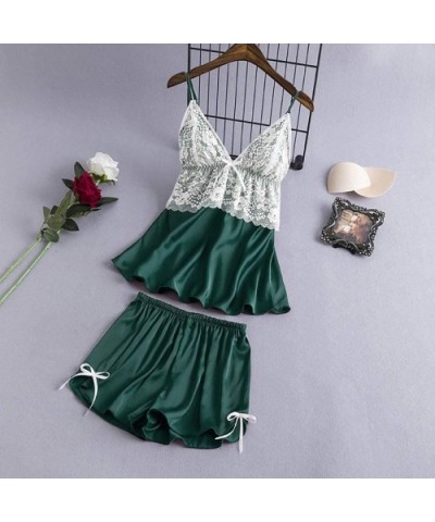 Sexy Lingerie for Women Plus Size Satin Lace V-Neck Camisole Bowknot Shorts Set Sleepwear Pajamas Lingerie - Green - CC195AQD...