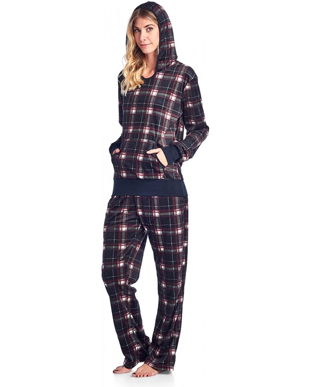 Women's Mink Fleece Hoodie Pajama Set - Black White Plaid - CK1880MOEWW $45.76 Sets