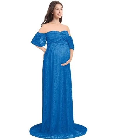 Womens Off Shoulder Pregnant Dresses Ruffle Sleeve Lace Maternity Maxi Photography Wedding Gown for Baby Shower Blue - CD187K...