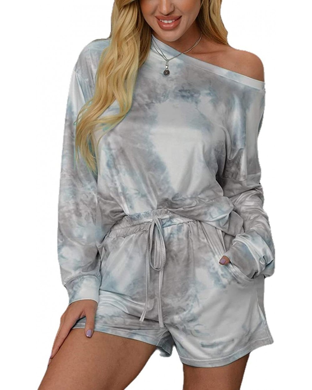 Womens Loungewear Sets Tie Dye Print Long Sleeves Top and Drawstring Shorts Pajamas Set Nightwear Sleepwear Grey - CH19CXT3ON...