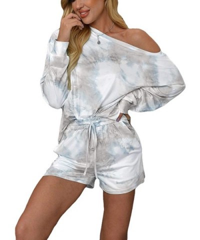 Womens Loungewear Sets Tie Dye Print Long Sleeves Top and Drawstring Shorts Pajamas Set Nightwear Sleepwear Grey - CH19CXT3ON...