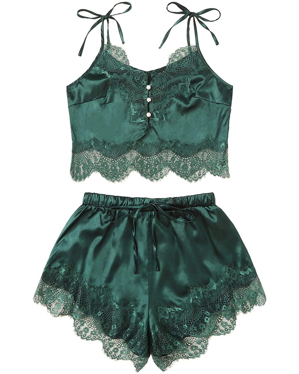 Women's Lace Trim Bralette Shorts Pajama Set Lingerie Nightwear - Green - CR18M9ZMYOY $28.09 Sets