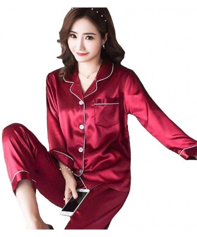 Women's Satin Pajamas- Pajamas Sets 2 Piece- Long Sleeve Button Down Pj Set Sleepwear Loungewear - Red - CR18O9438DS $32.00 Sets