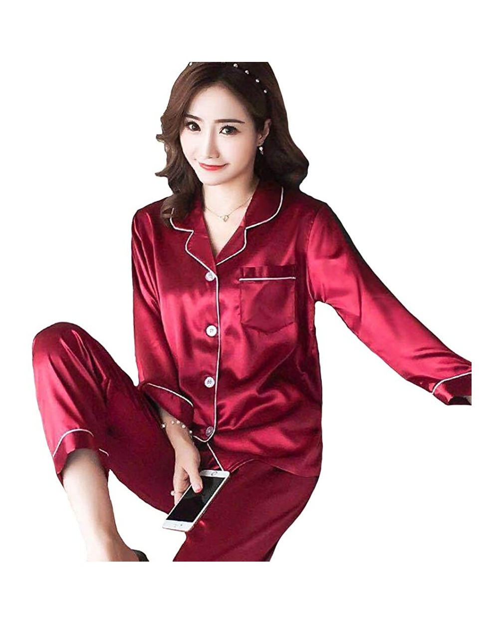 Women's Satin Pajamas- Pajamas Sets 2 Piece- Long Sleeve Button Down Pj Set Sleepwear Loungewear - Red - CR18O9438DS $32.00 Sets