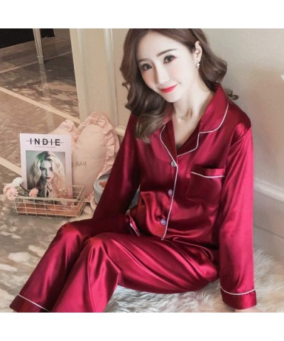 Women's Satin Pajamas- Pajamas Sets 2 Piece- Long Sleeve Button Down Pj Set Sleepwear Loungewear - Red - CR18O9438DS $32.00 Sets