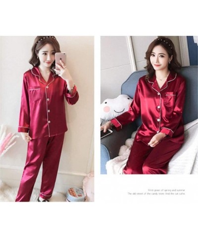 Women's Satin Pajamas- Pajamas Sets 2 Piece- Long Sleeve Button Down Pj Set Sleepwear Loungewear - Red - CR18O9438DS $32.00 Sets