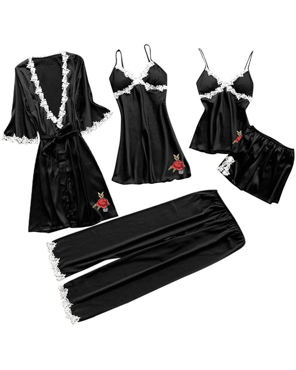 5Pcs Sexy Pajamas for Women Silky Sets Silk Satins Lace Sleepwear Black Strap Dress Robe Shorts & Pants Home Wear B - CC1935W...