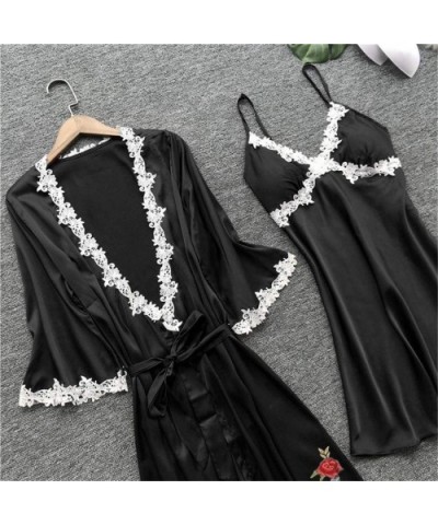 5Pcs Sexy Pajamas for Women Silky Sets Silk Satins Lace Sleepwear Black Strap Dress Robe Shorts & Pants Home Wear B - CC1935W...