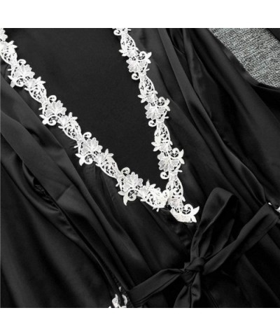 5Pcs Sexy Pajamas for Women Silky Sets Silk Satins Lace Sleepwear Black Strap Dress Robe Shorts & Pants Home Wear B - CC1935W...