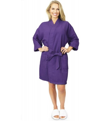 Women's Lightweight Short Kimono Waffle Robe- Spa Summer Bridesmaids Bathrobe - Purple - C312NYM22ZP $28.27 Robes