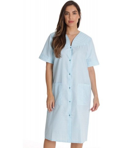 Short Sleeve Seersucker Duster Snap-Front House Coat with Pockets - Turquoise - Gingham - C918XGRAK2O $33.16 Nightgowns & Sle...