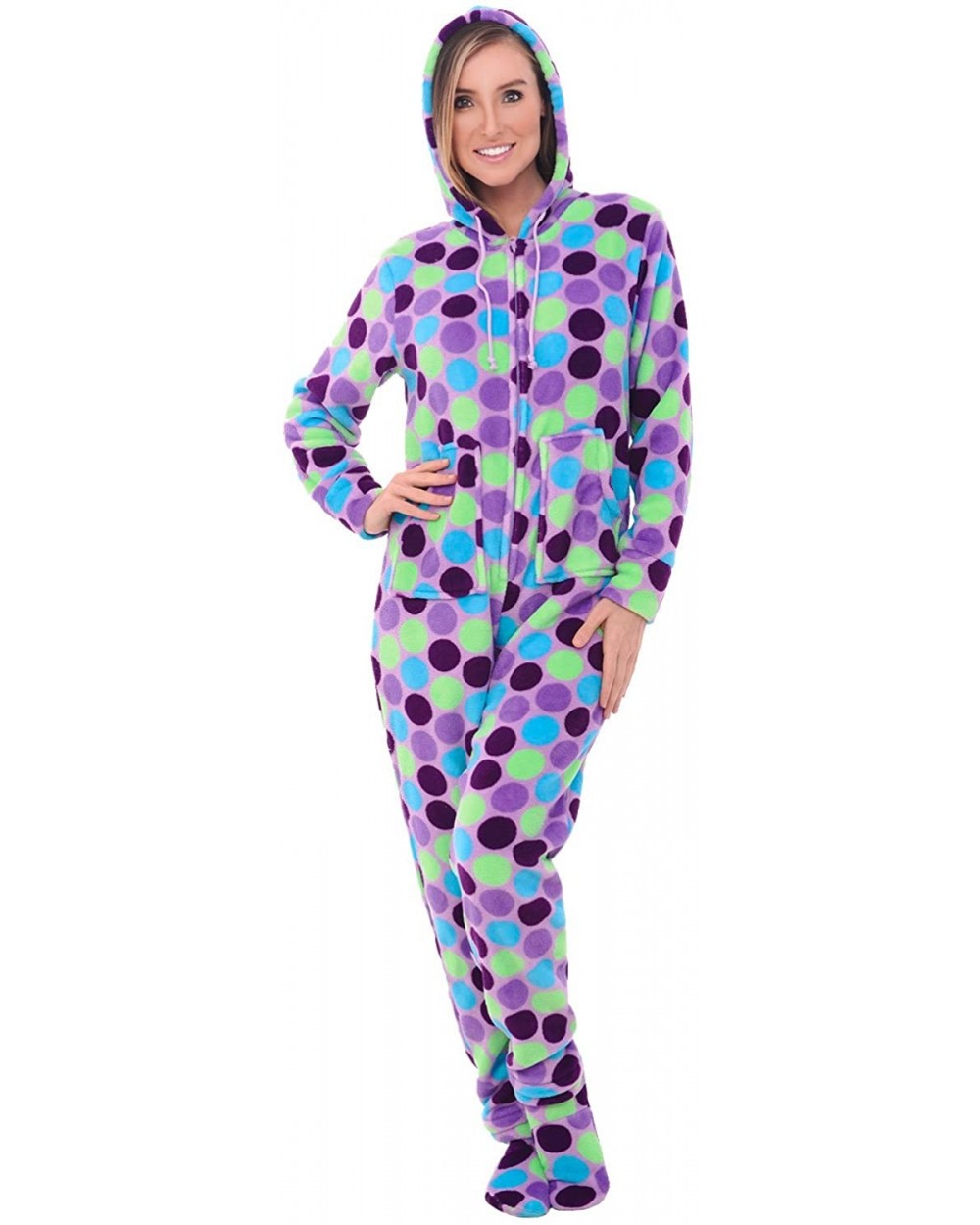 Women's Warm Fleece One Piece Footed Pajamas- Adult Onesie with Hood - Purple Polka Dots - CA12ENM195R $61.71 Sets