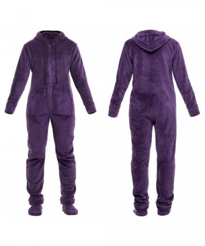 Women's Warm Fleece One Piece Footed Pajamas- Adult Onesie with Hood - Purple Polka Dots - CA12ENM195R $61.71 Sets