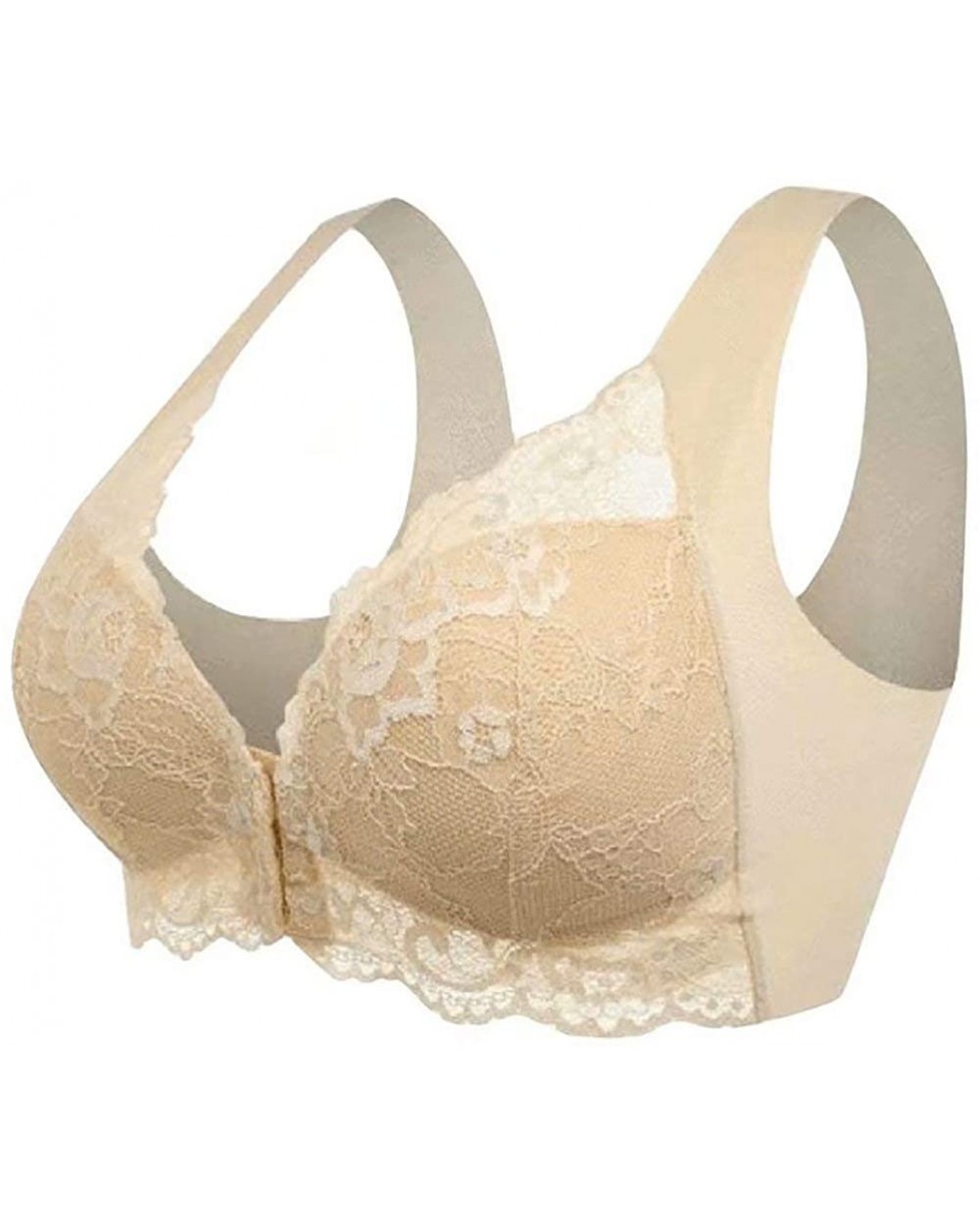 2020 Newest Women's Plus Size Front Close Lace Cover Sport Bra Sexy Push Up Underwear Wireless Bralette - Apricot - CN19CAENE...