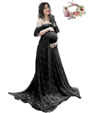 Women's Off Shoulder Ruffle Sleeve Lace Maternity Gown Plus Maxi Photography Dress - Black+headband - C818Q8EAZ92 $62.32 Nigh...