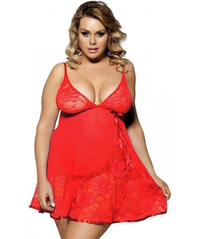 Womens Babydoll Lingerie Set Plus Size Mesh Lingerie Lace Sleepwear Outfits - Red - C118OC50HS4 $24.18 Baby Dolls & Chemises