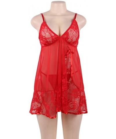 Womens Babydoll Lingerie Set Plus Size Mesh Lingerie Lace Sleepwear Outfits - Red - C118OC50HS4 $24.18 Baby Dolls & Chemises