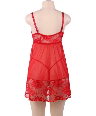 Womens Babydoll Lingerie Set Plus Size Mesh Lingerie Lace Sleepwear Outfits - Red - C118OC50HS4 $24.18 Baby Dolls & Chemises