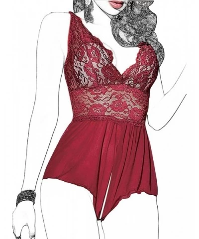 Women Lingerie Sheer Lace Mini Babydoll Teddy Sexy Bodysuit Backless Sleepwear - Wine Red - C818SRH2OY3 $23.29 Baby Dolls & C...