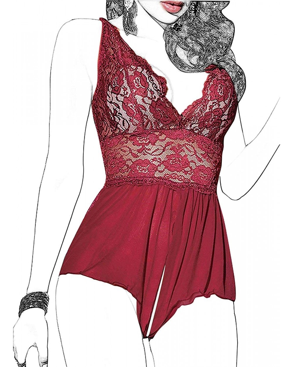 Women Lingerie Sheer Lace Mini Babydoll Teddy Sexy Bodysuit Backless Sleepwear - Wine Red - C818SRH2OY3 $23.29 Baby Dolls & C...