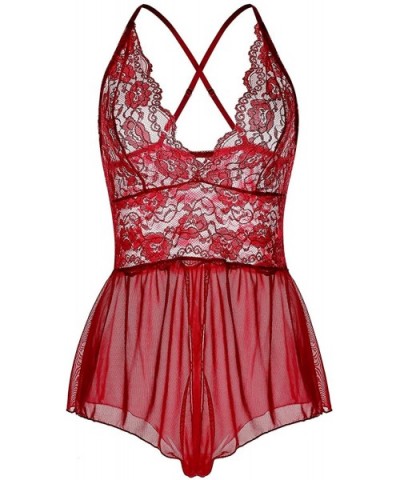 Women Lingerie Sheer Lace Mini Babydoll Teddy Sexy Bodysuit Backless Sleepwear - Wine Red - C818SRH2OY3 $23.29 Baby Dolls & C...