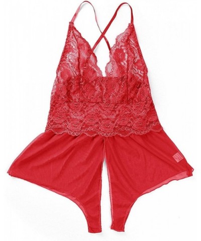 Women Lingerie Sheer Lace Mini Babydoll Teddy Sexy Bodysuit Backless Sleepwear - Wine Red - C818SRH2OY3 $23.29 Baby Dolls & C...