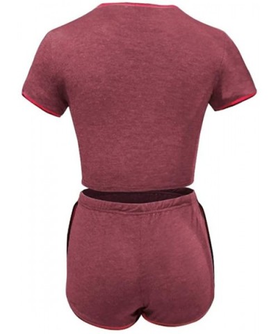 Two Piece Outfits for Women - Sexy Pajamas Crop Tops Workout Shorts Sweatsuits Sets - Stripe Wine Red - C4198Q4GYTT $39.65 Sets