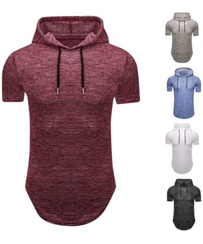 Mens Running Athletic Hoodie- Muscle Sweatshirt Summer Short Sleeve Longline Pullover Breathable Tee Tops - Red - C219CH5L76W...