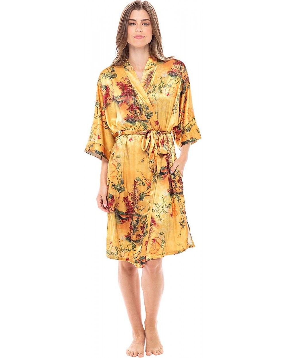 Women's Midi Length Satin Kimono Wrap - Belted Robe with Pockets- Limited Edition Print - Yellow Flowers on Cream - CV18ZH7UA...