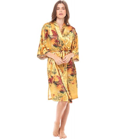 Women's Midi Length Satin Kimono Wrap - Belted Robe with Pockets- Limited Edition Print - Yellow Flowers on Cream - CV18ZH7UA...