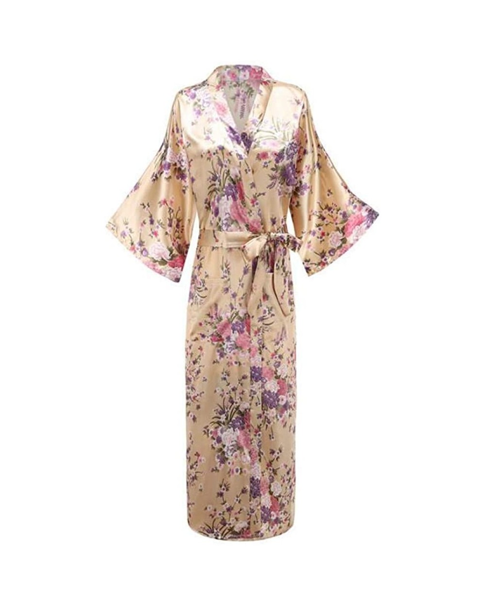 Elegant Navy Blue Women Long Kimono Robe Gown Nigntgown Exquisite Print Flower Sleepwear Nightwear Casual Soft Bath - Champag...