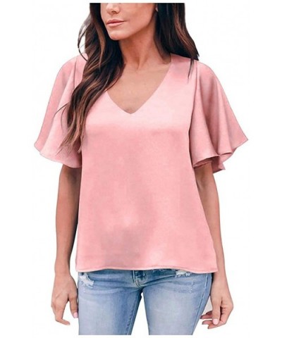 Summer Women's Casual V Neck Short Sleeve Loose Top Foft Chiffon Blouse Shirts - Pink - CV196SEZT7L $18.16 Robes