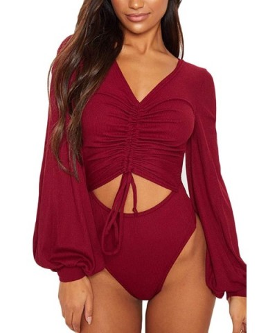 Women's V Neck Ruched Cutout Front Puff Sleeve Bodycon Bodysuit Jumpsuit - Wine - C318A8QC5UI $28.88 Shapewear