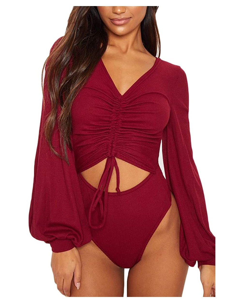 Women's V Neck Ruched Cutout Front Puff Sleeve Bodycon Bodysuit Jumpsuit - Wine - C318A8QC5UI $28.88 Shapewear