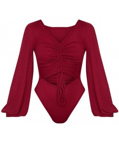 Women's V Neck Ruched Cutout Front Puff Sleeve Bodycon Bodysuit Jumpsuit - Wine - C318A8QC5UI $28.88 Shapewear