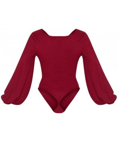 Women's V Neck Ruched Cutout Front Puff Sleeve Bodycon Bodysuit Jumpsuit - Wine - C318A8QC5UI $28.88 Shapewear