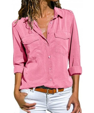 T-Shirts for Women-Women's Fashion Solid Color Buttonigan Long-Sleeved Blouse Casual T-Shirt Tops - Pink - C318Y0AE5DI $23.45...