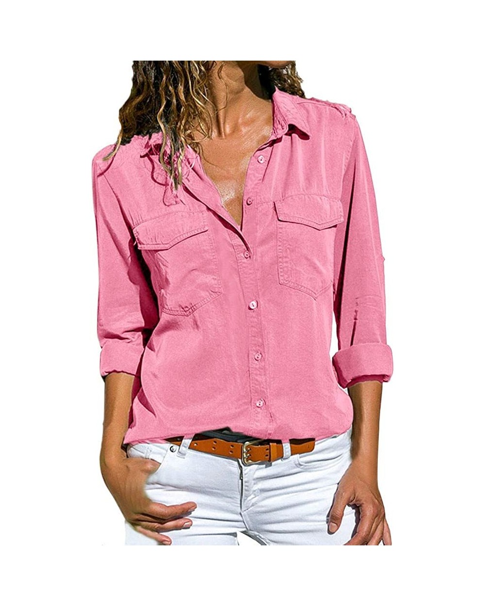 T-Shirts for Women-Women's Fashion Solid Color Buttonigan Long-Sleeved Blouse Casual T-Shirt Tops - Pink - C318Y0AE5DI $23.45...