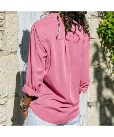 T-Shirts for Women-Women's Fashion Solid Color Buttonigan Long-Sleeved Blouse Casual T-Shirt Tops - Pink - C318Y0AE5DI $23.45...