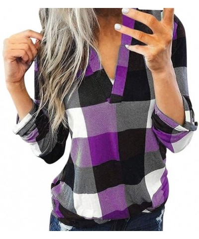 Women Fashion Plaid Print Shirt Cold Shoulder Long Sleeve Blouse Splice Top - A-purple - CZ193Z4ES4D $25.14 Thermal Underwear
