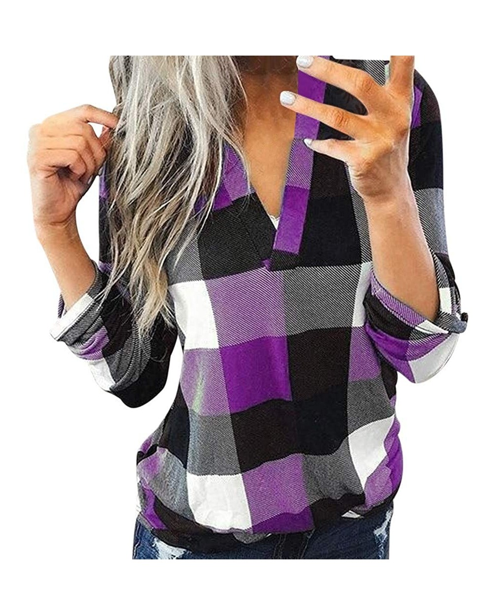 Women Fashion Plaid Print Shirt Cold Shoulder Long Sleeve Blouse Splice Top - A-purple - CZ193Z4ES4D $25.14 Thermal Underwear