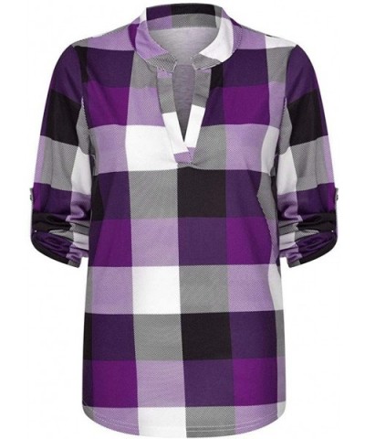 Women Fashion Plaid Print Shirt Cold Shoulder Long Sleeve Blouse Splice Top - A-purple - CZ193Z4ES4D $25.14 Thermal Underwear