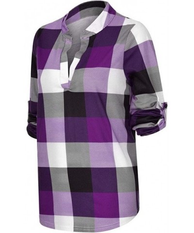 Women Fashion Plaid Print Shirt Cold Shoulder Long Sleeve Blouse Splice Top - A-purple - CZ193Z4ES4D $25.14 Thermal Underwear