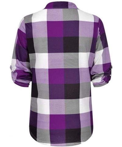 Women Fashion Plaid Print Shirt Cold Shoulder Long Sleeve Blouse Splice Top - A-purple - CZ193Z4ES4D $25.14 Thermal Underwear