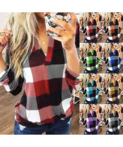 Women Fashion Plaid Print Shirt Cold Shoulder Long Sleeve Blouse Splice Top - A-purple - CZ193Z4ES4D $25.14 Thermal Underwear