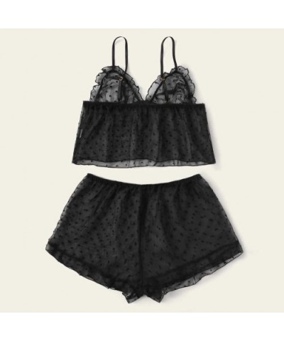 Women Sexy Lace Pajamas Sets Satin Camisole & Short Solid Color Nightgown Lingerie Babydoll Nightwear 2PC Set Y black - CZ190...