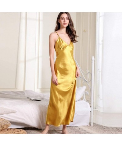 Women V Neck Sexy Nightgowns Satin Lingerie Silky Full Slips Sleepwear Long Dress Pajama - Yellow - CB18UXO78O6 $35.79 Nightg...